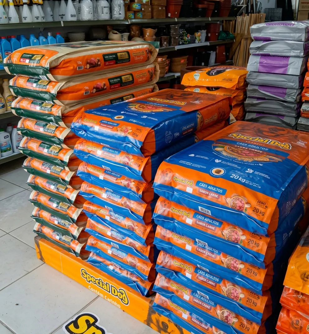 Sacos de ração Special Dog empilhados na loja, prontos para entrega em Jaraguá do Sul