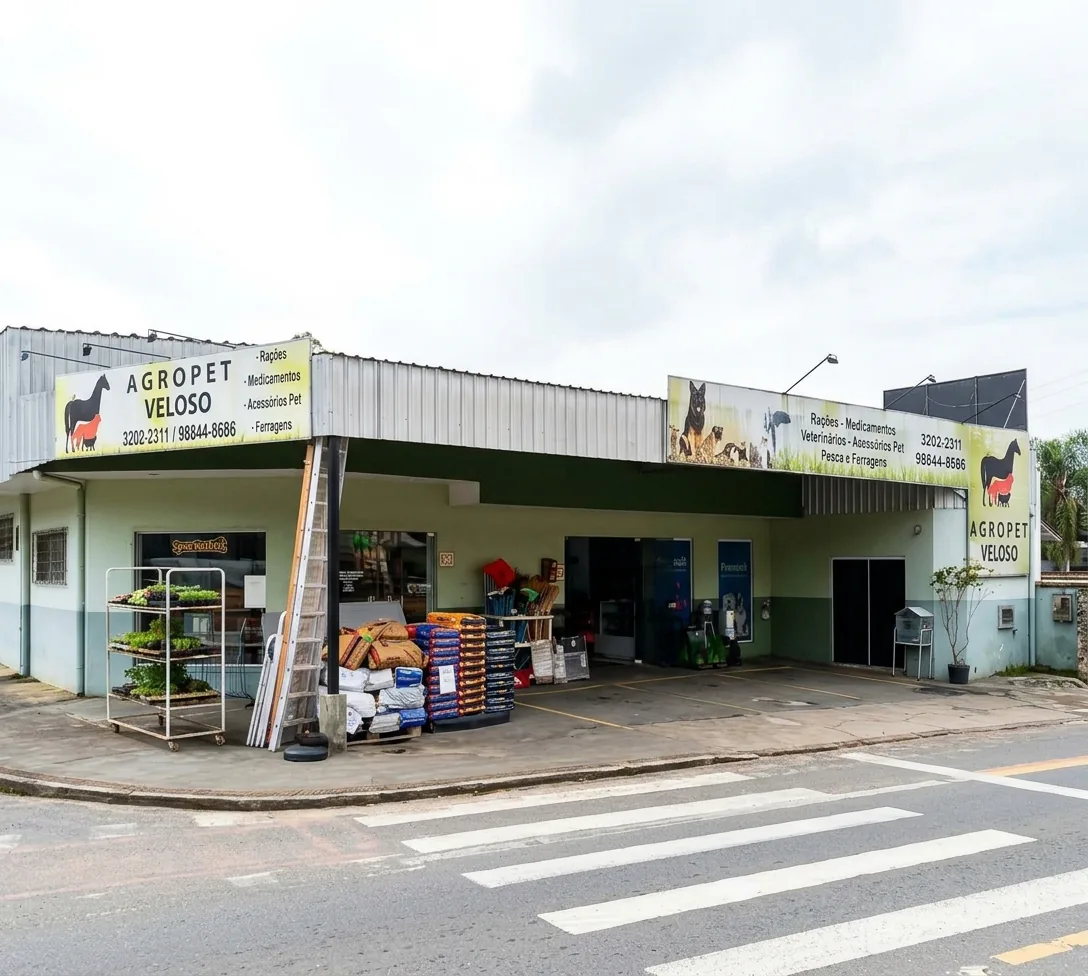 Fachada da Agropet Veloso na Rua Roberto Ziemann, bairro Amizade, com estacionamento coberto em frente